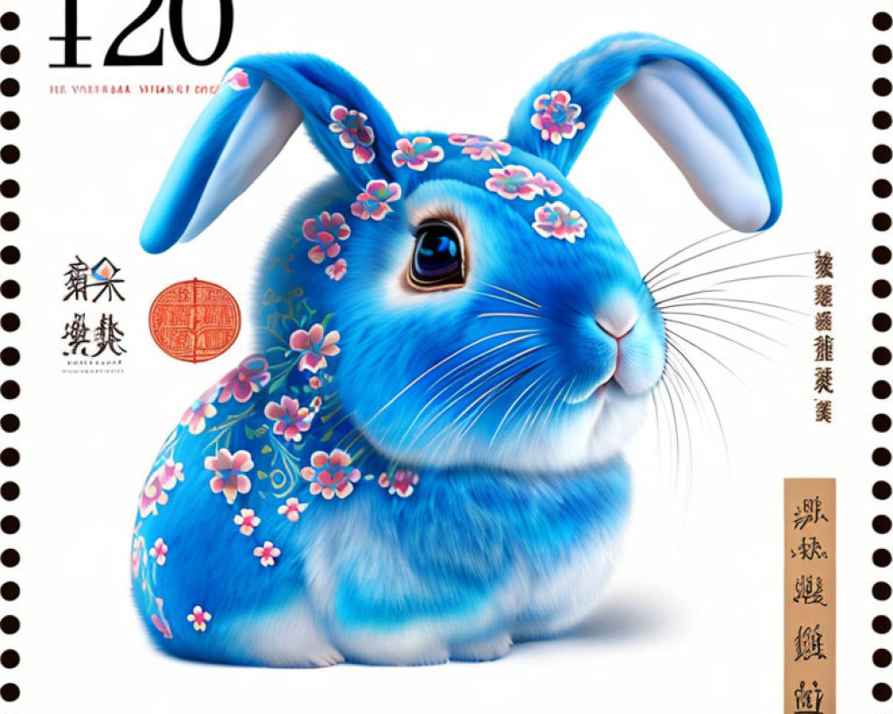 Blue Rabbit with Floral Patterns on 120 Nominal Value Chinese Postage Stamp