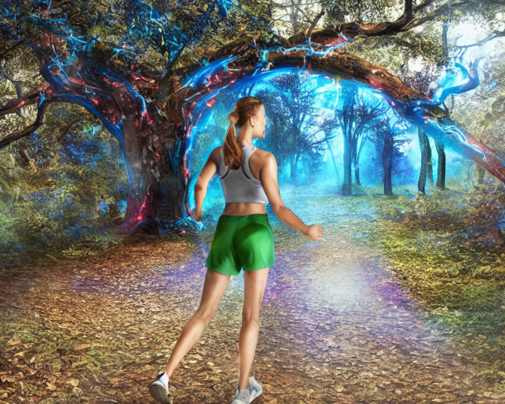 Woman jogging to glowing tree portal in enchanted forest