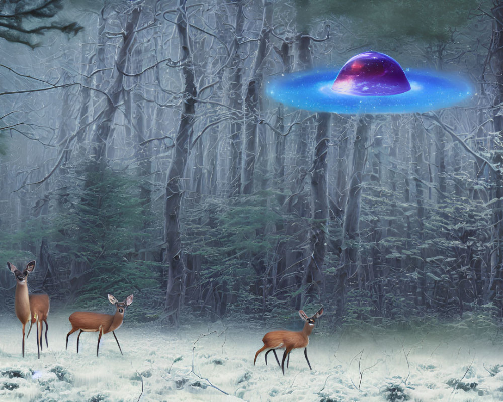 Misty forest scene with deer and glowing UFO