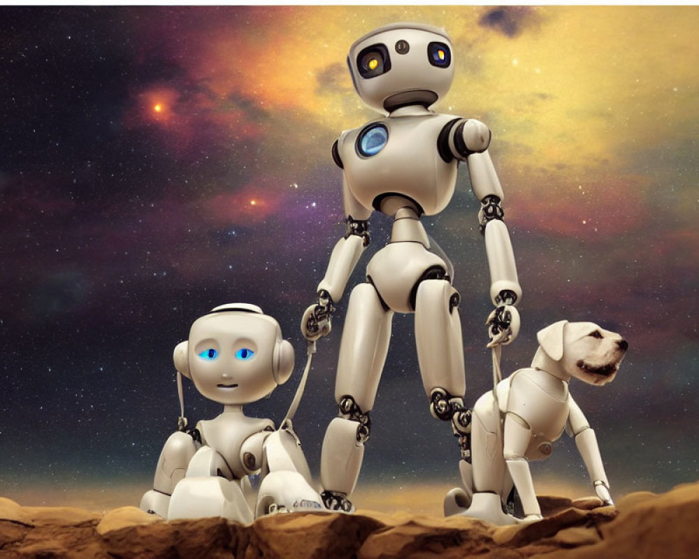 Family of robots on rocky terrain under starry sky