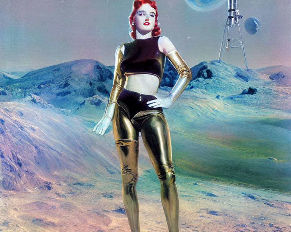 Futuristic woman in black and gold spacesuit poses against planetary landscape