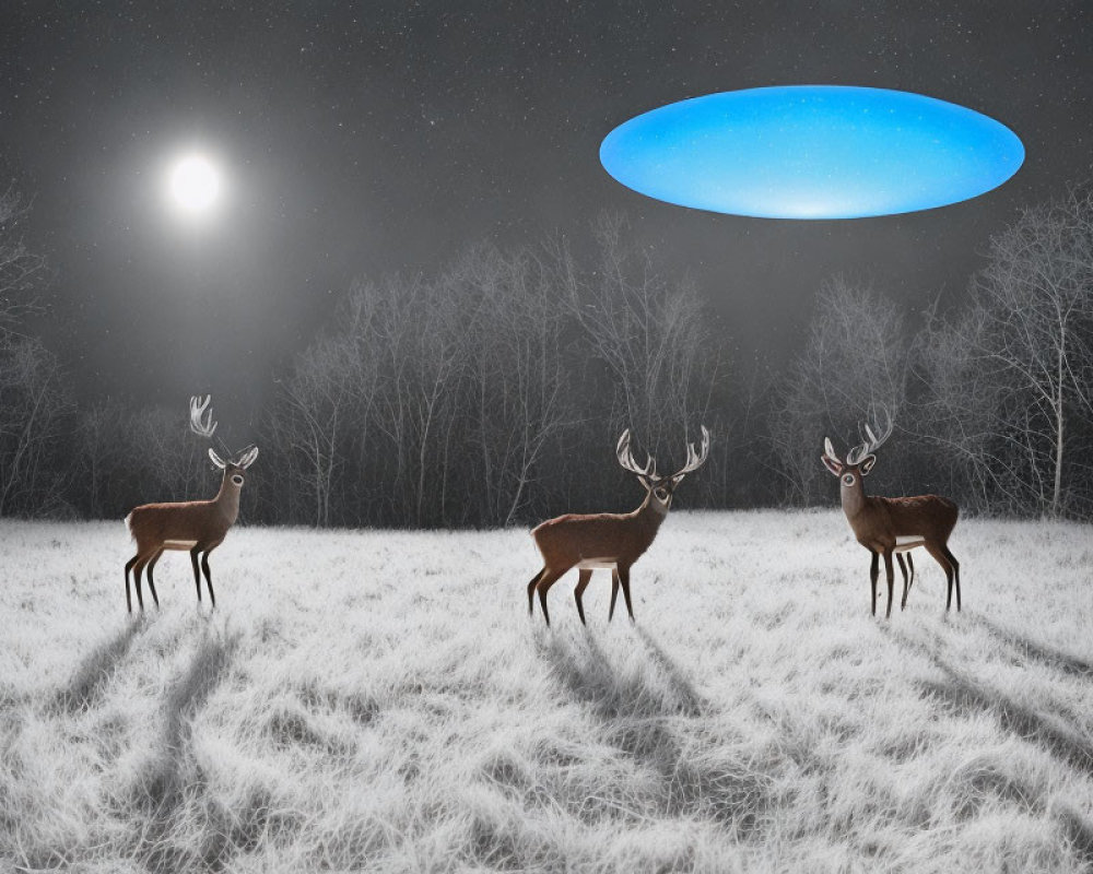 Three deer in snowy field under full moon with glowing UFO above