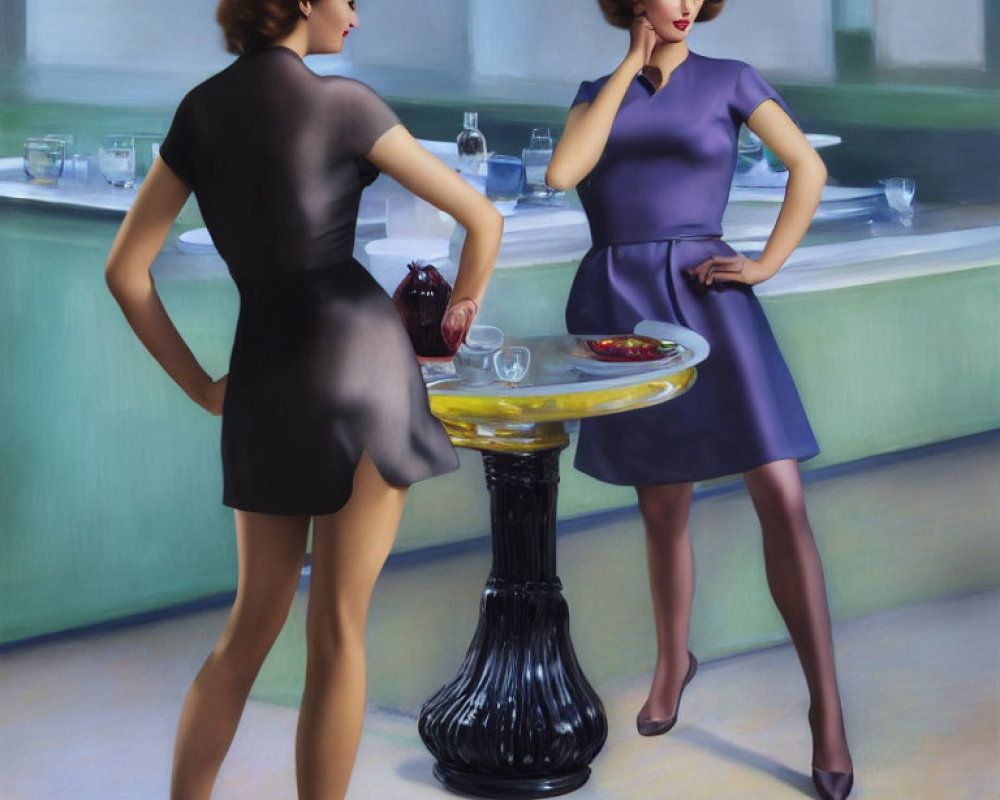 Two Elegant Women at Bar: One in Black Dress, Hands on Hips; Other in Purple Dress