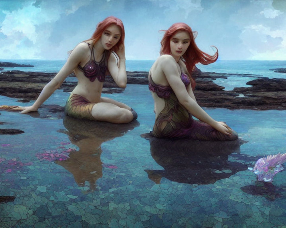 Red-haired mermaids in purple tops on ocean rocks in serene setting