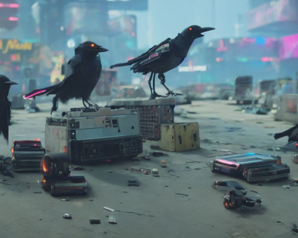 Three ravens perching on electronic devices in futuristic urban street with neon signs