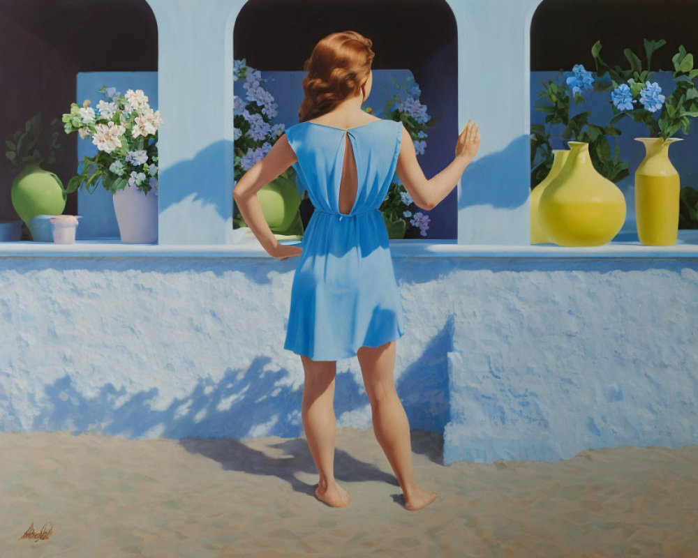 Woman in Blue Dress Standing on Porch Touching Sunlit Wall