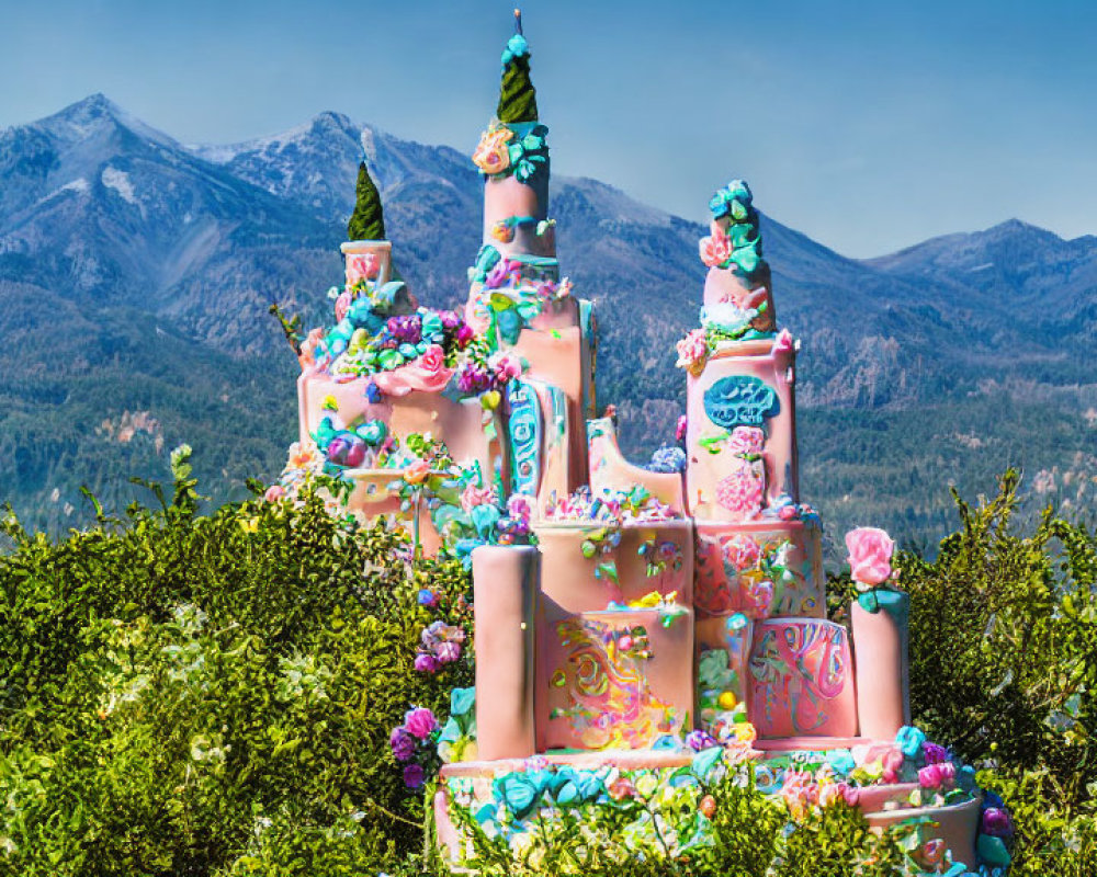 Colorful cake with pink icing against mountain backdrop