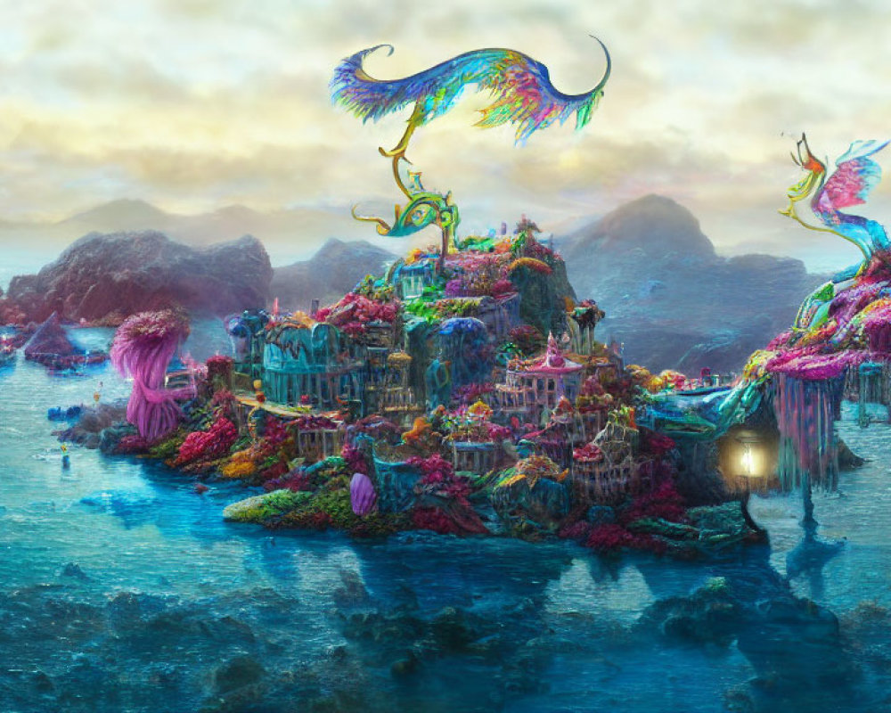 Colorful Seaside Landscape with Fantasy Structures and Bird