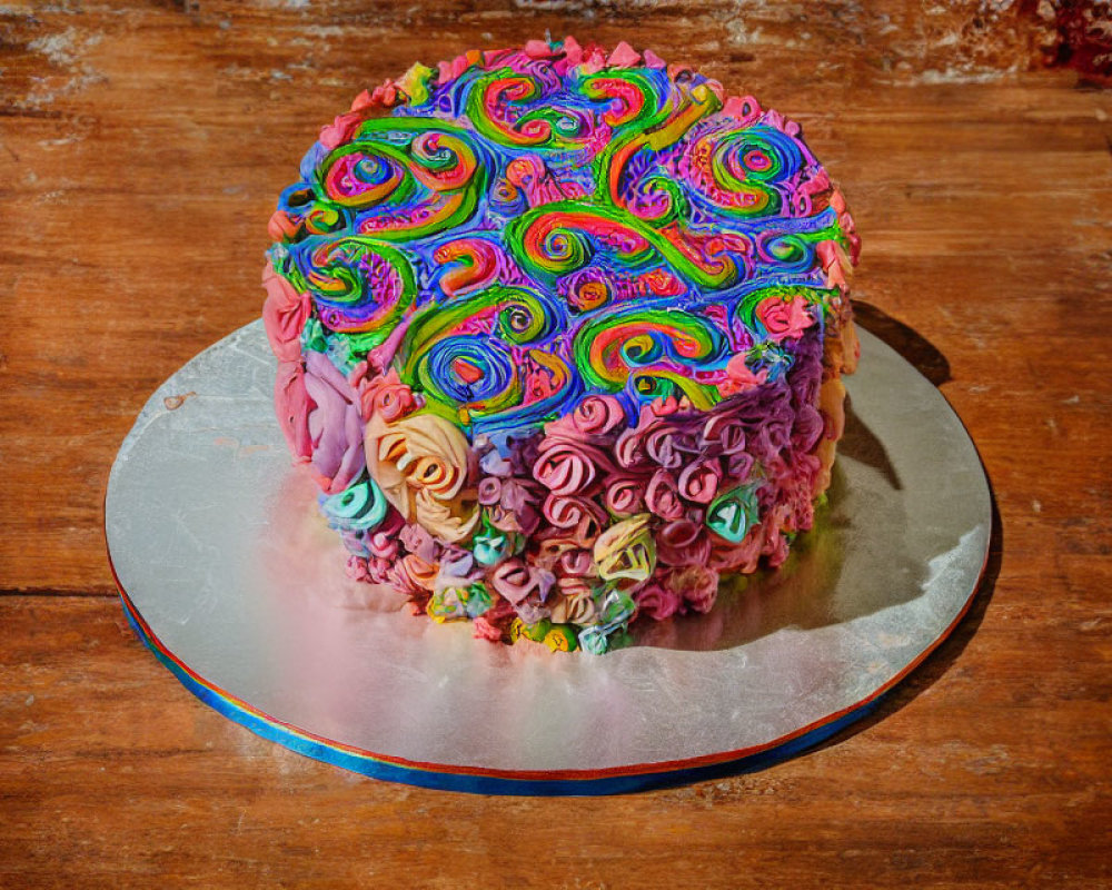 Vibrant Psychedelic-Patterned Cake with Pastel Flower Icings