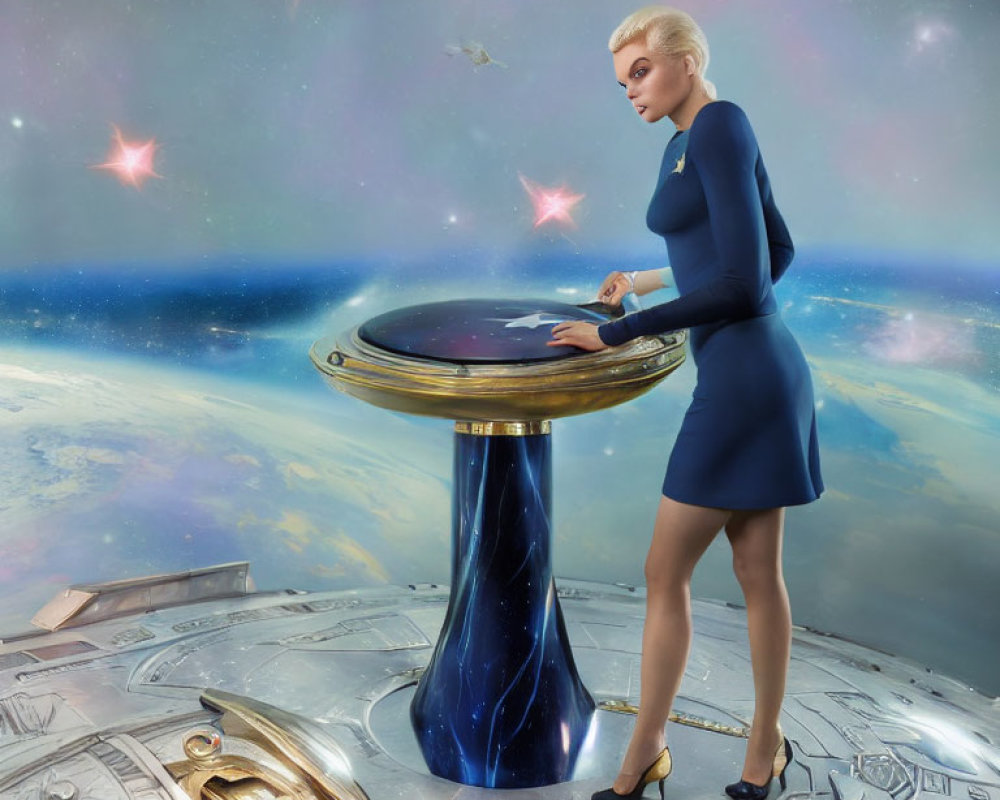 Woman in Blue Dress by Futuristic Pedestal in Cosmic Setting