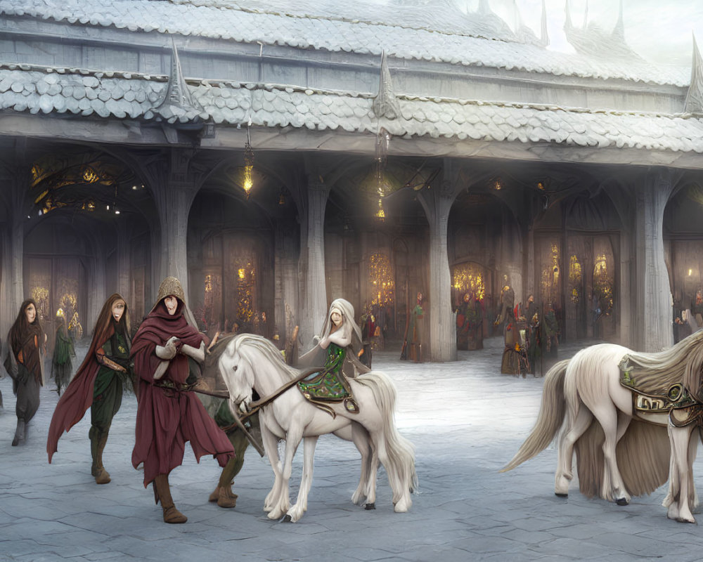 Medieval scene: People in capes lead white horses through snow-covered courtyard.