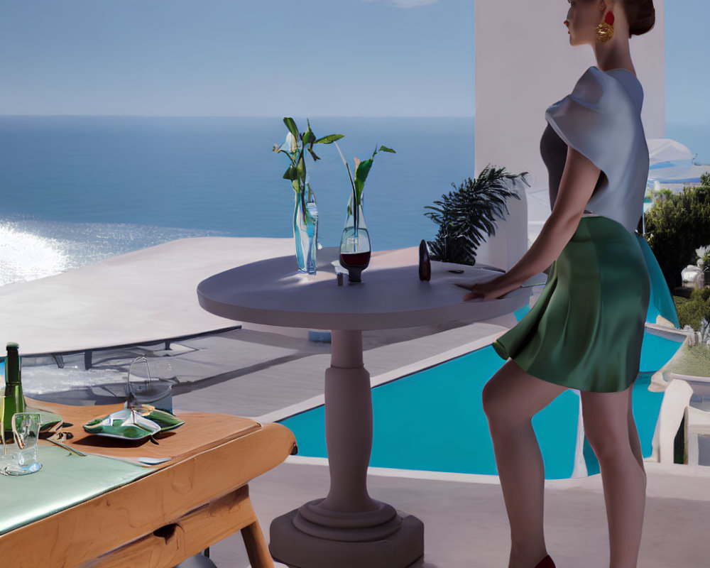 Fashionable woman at outdoor bar with ocean view.