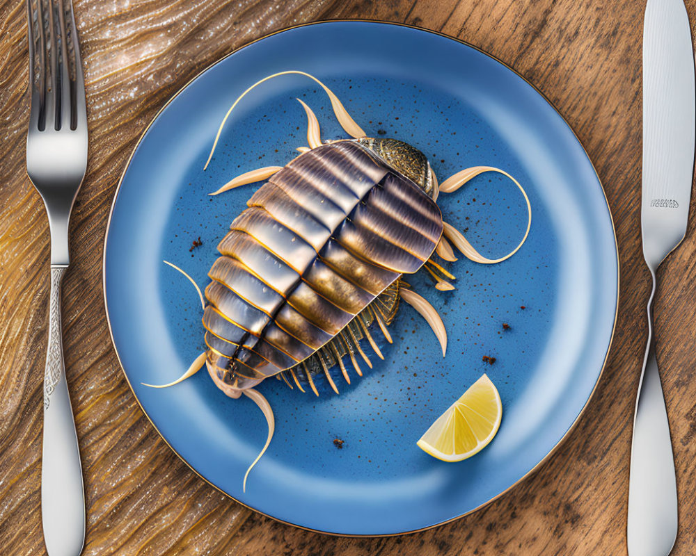 Giant Isopod on Blue Plate with Lemon and Cutlery on Wooden Table