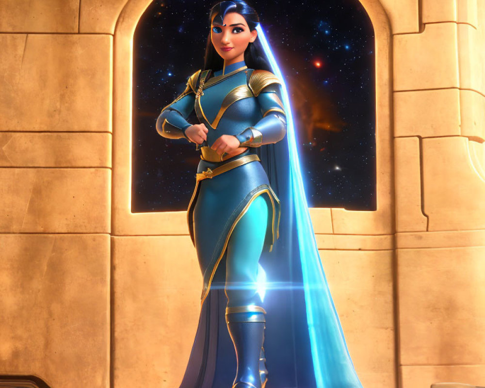 Futuristic 3D animated female character in blue armor with galaxy backdrop