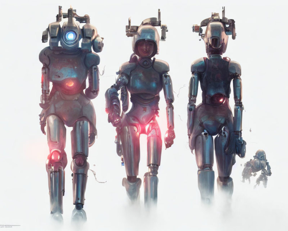 Futuristic humanoid robots in misty setting with unique features