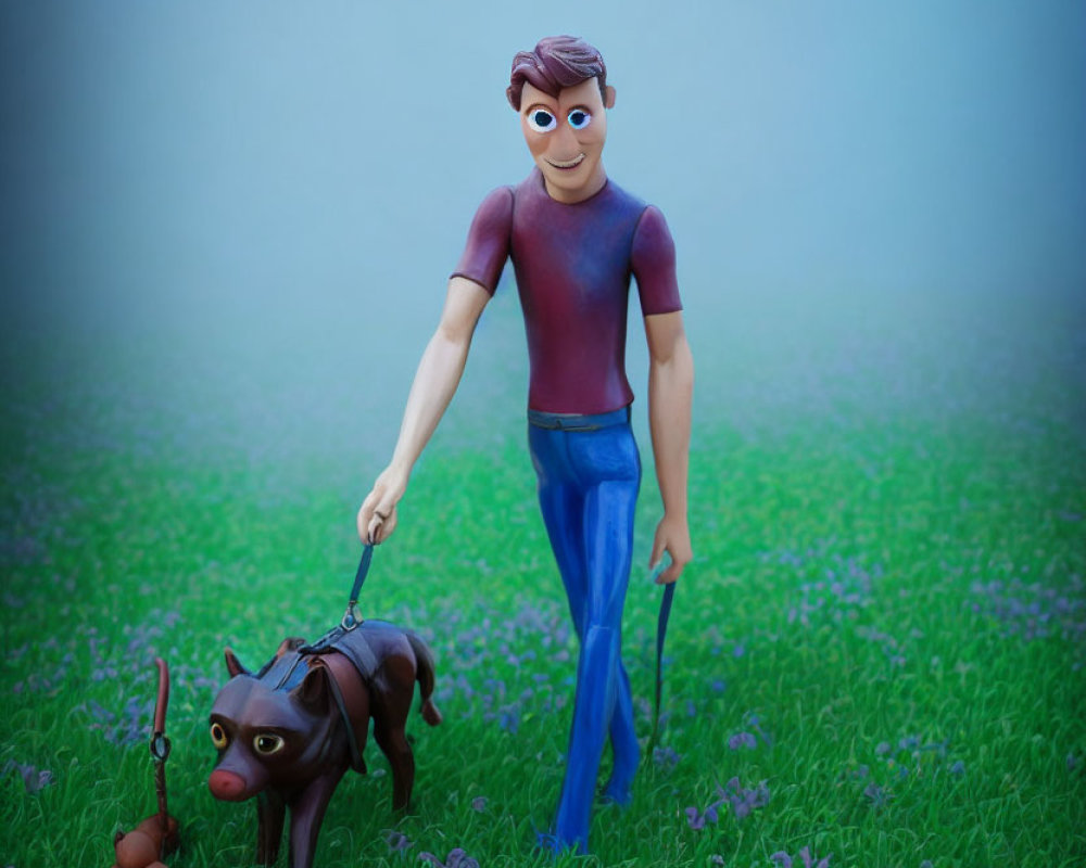 Stylized animated character walking a dog in foggy grassy area