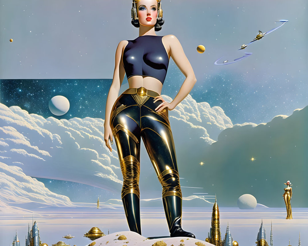 Stylized futuristic woman in retro sci-fi setting with fantasy space backdrop