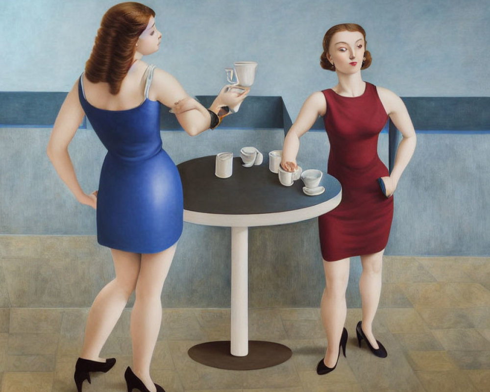 Two women in dresses at table with cups, surreal flat style