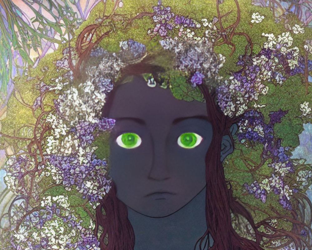 Person with Vibrant Green Eyes and Floral Crown in Nature-Inspired Illustration