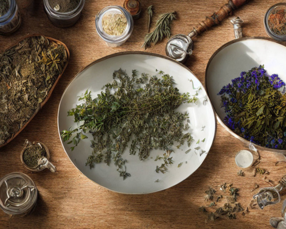 Herbs and Spices Displayed on Wooden Surface