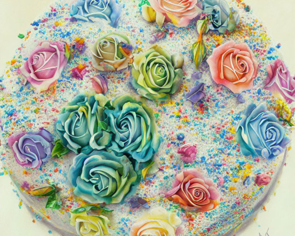 Colorful Circular Cake Decorated with Roses and Sprinkles