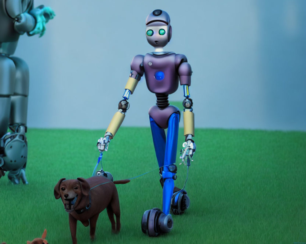 Blue and Purple Humanoid Robot Walking Dog in Grass Field