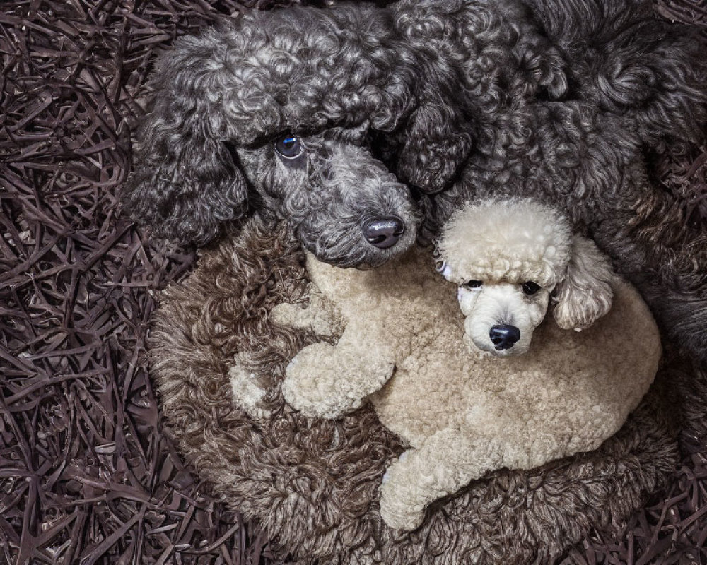 Two Poodles Cuddling on Textured Brown Surface