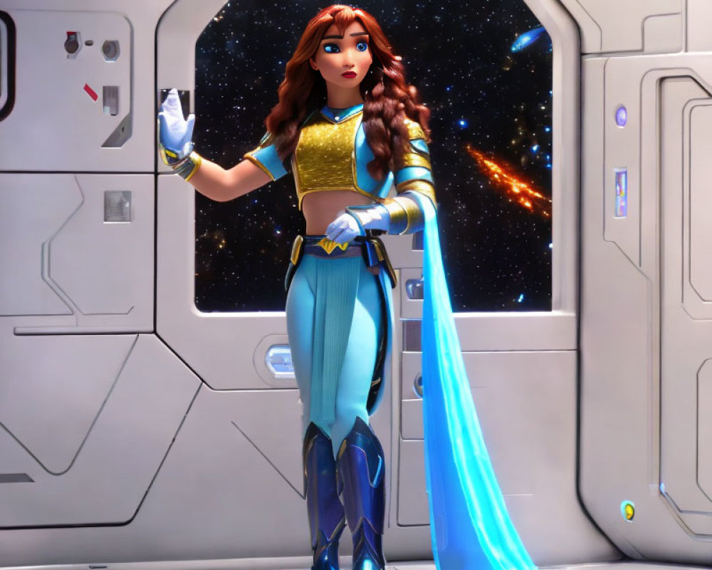 Futuristic female character in cape inside spacecraft with galaxy view