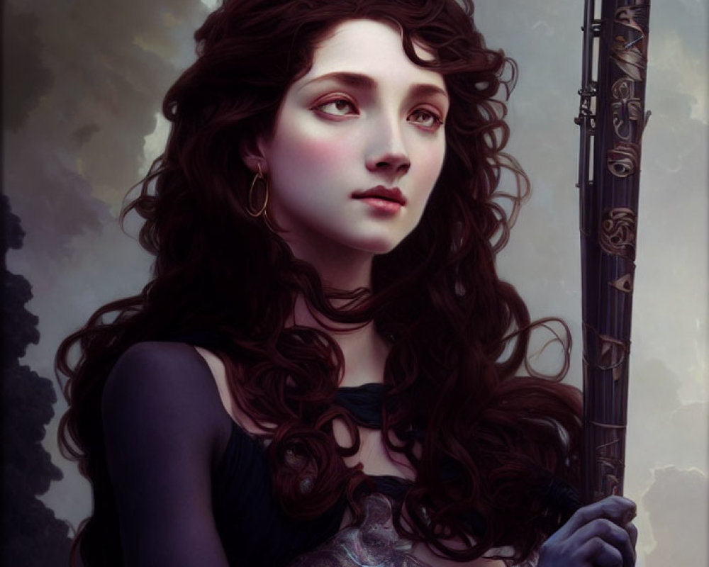 Digital painting of woman with flowing dark hair holding staff in fantasy setting