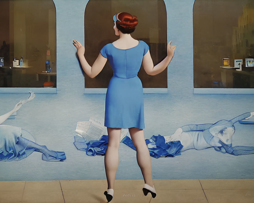 Woman in blue dress gesturing at peacocks through windows