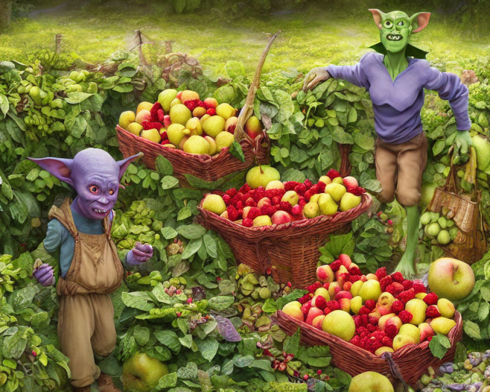 Colorful Fruit Baskets with Animated Troll-Like Creatures