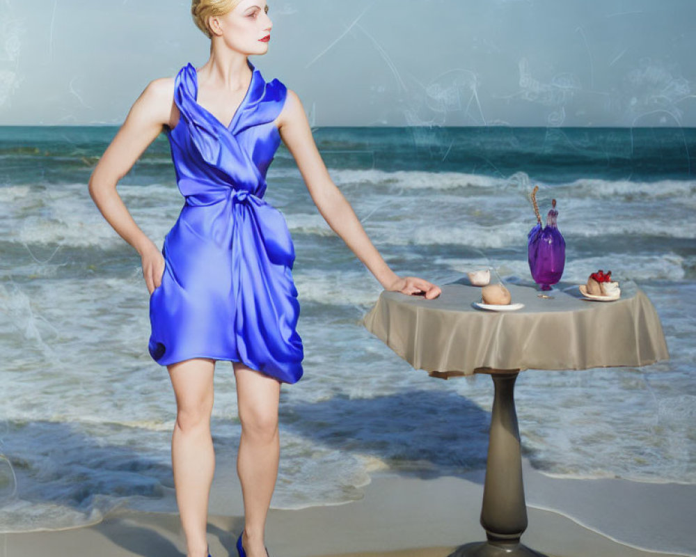 Woman in Blue Dress with Purple Bottle and Desserts on Beach Background