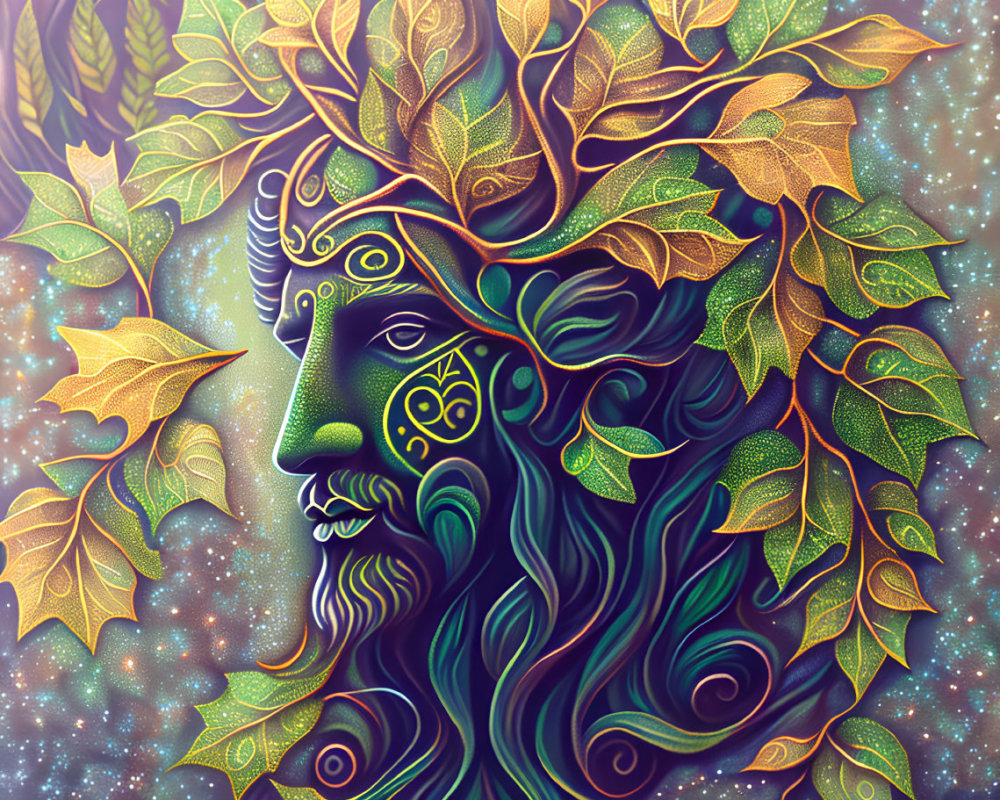 Male face blending with nature: leaves and branches as hair and beard against starry backdrop