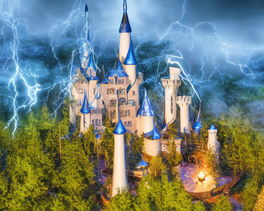 Enchanting castle with pointed towers in a stormy night landscape