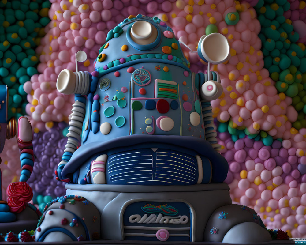 Vibrant 3D robot illustration with buttons and lollipop in colorful sphere backdrop