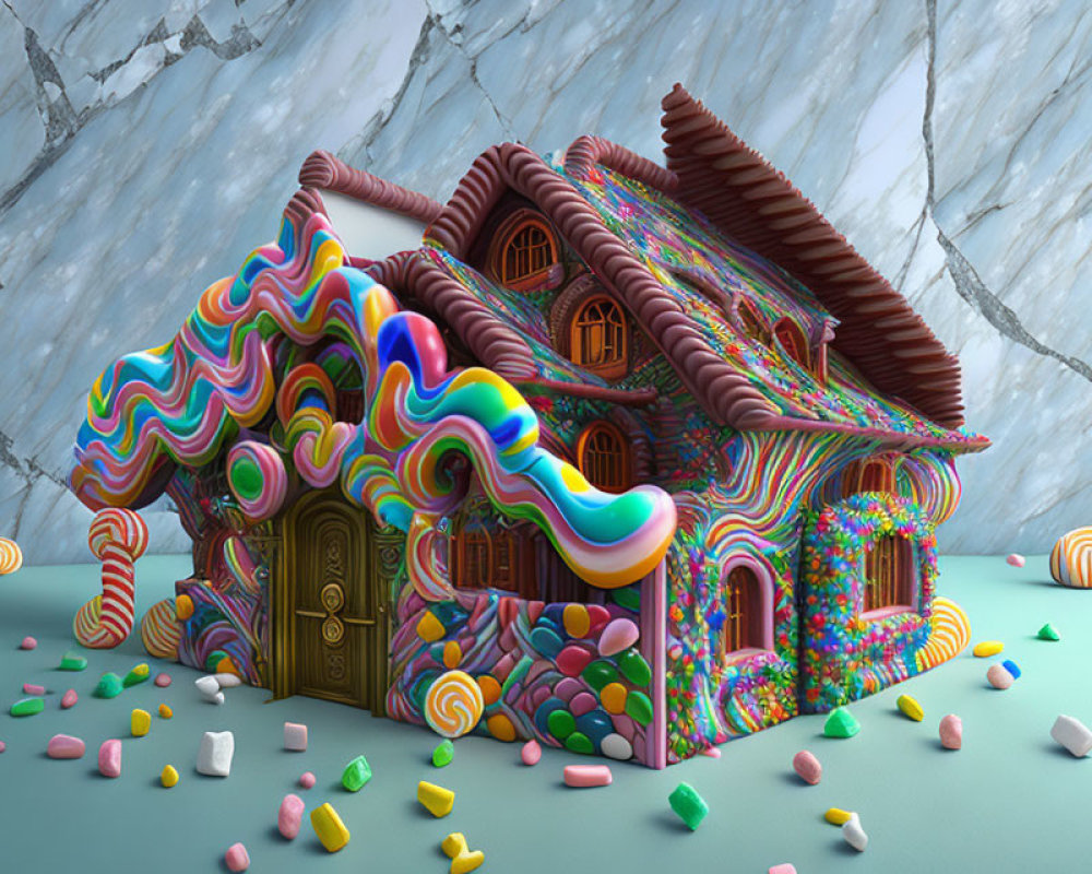 Colorful candy-themed house with rainbow swirls and sweets on marble backdrop