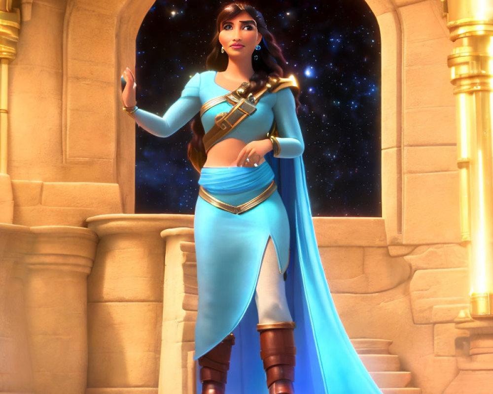 Animated character in blue outfit in palace corridor with stars visible through archway