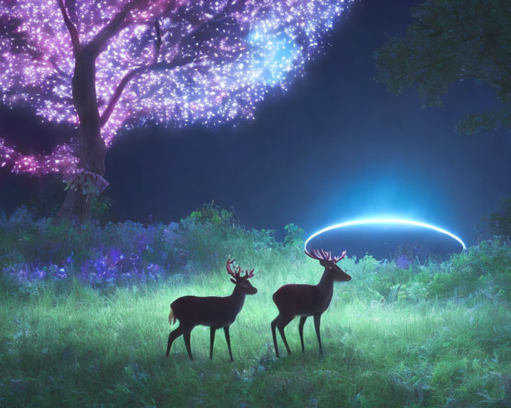 Mystical forest scene with deer, glowing flowers, and night sky landscape