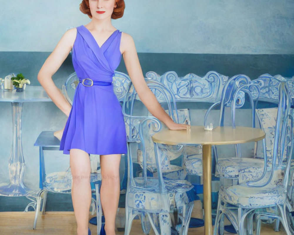 Vintage-style woman in blue dress at cafe table with ornate chairs