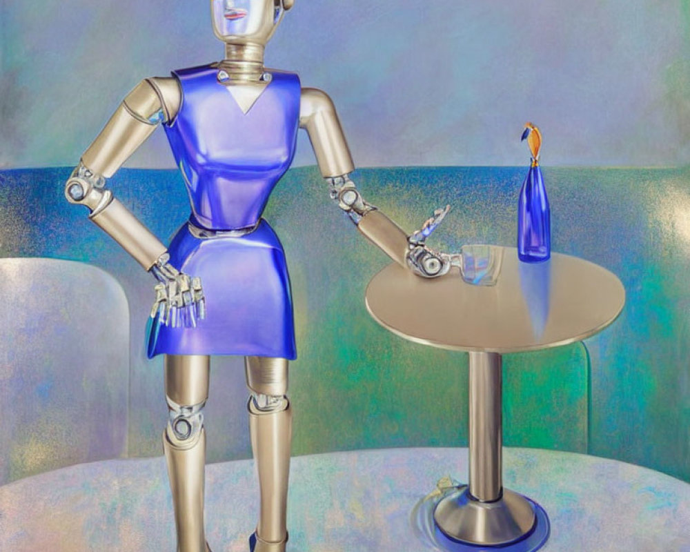 Stylized robot in blue dress beside round table with bottle and glass