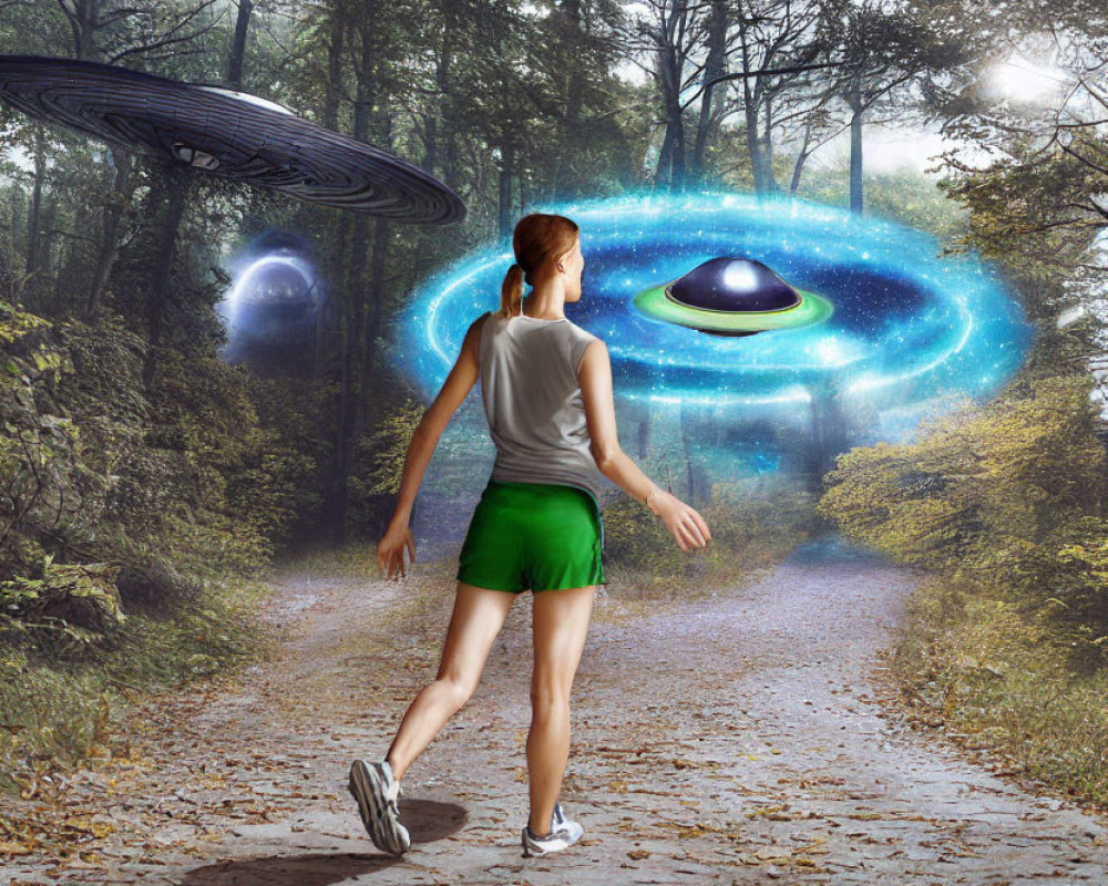 Woman in sportswear gazes at glowing portal with UFOs in forest clearing