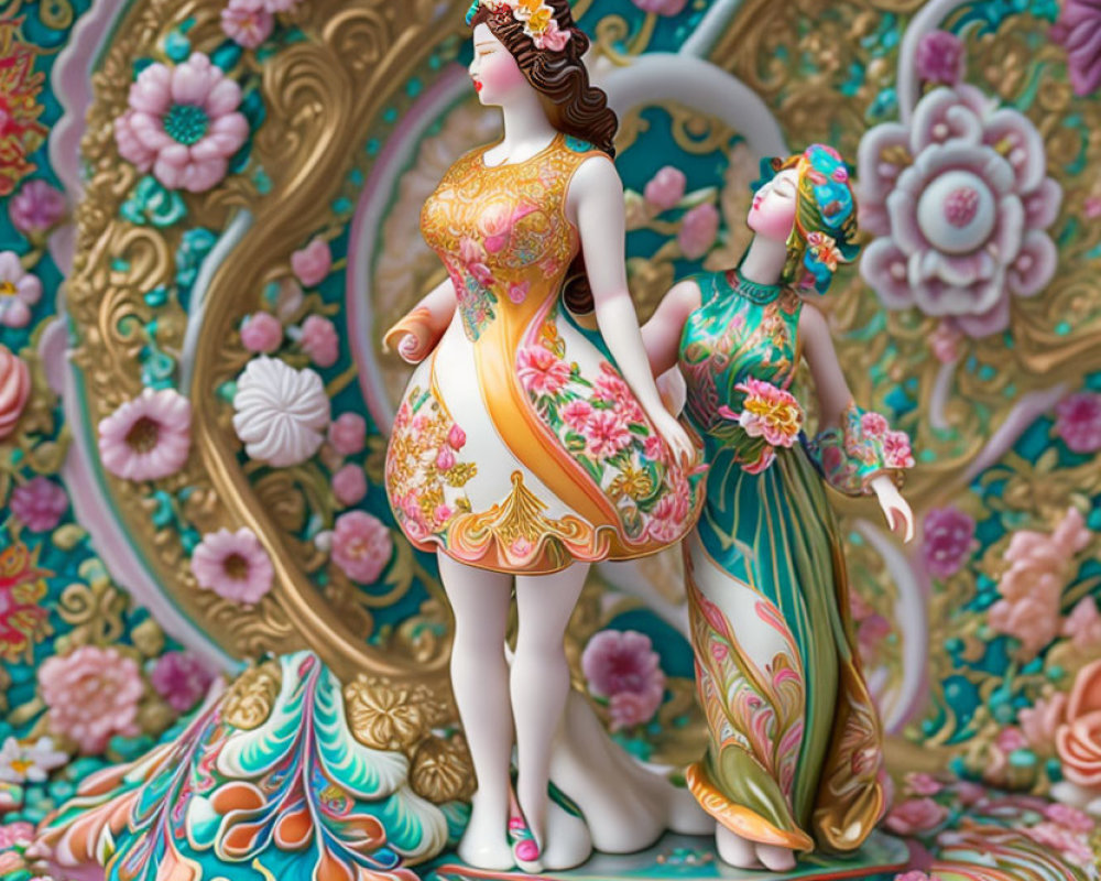 Colorful Porcelain Figurines of Women with Floral Patterns on Flower Background