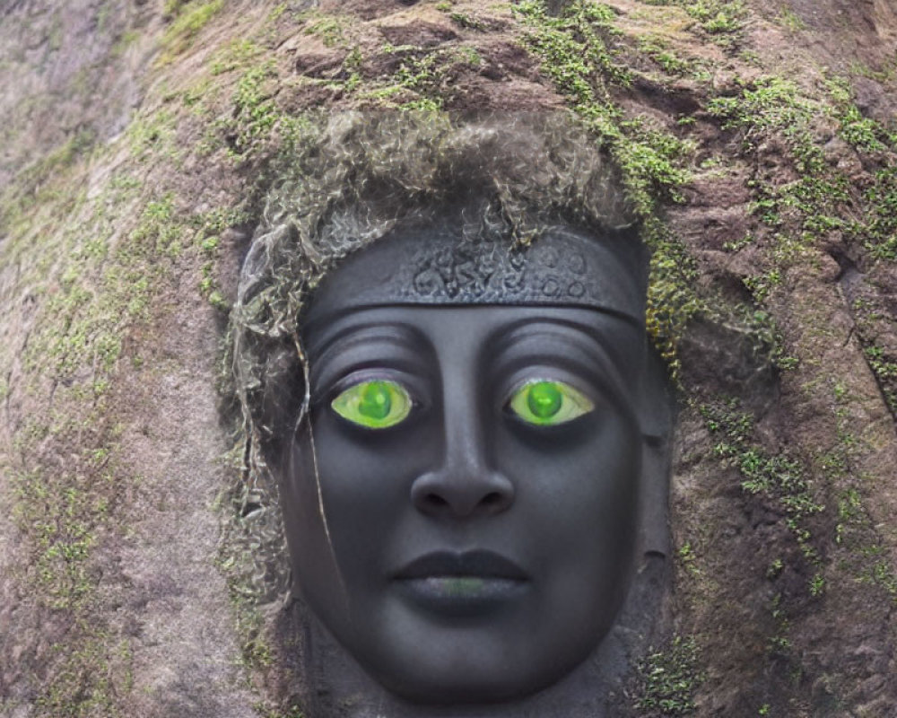 Surreal image of stony face with green eyes in moss-covered boulder