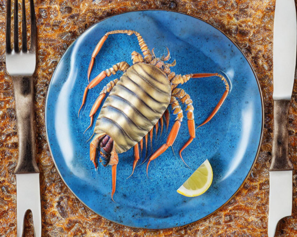 Cooked isopod with lime on blue plate, fork and knife on brown surface