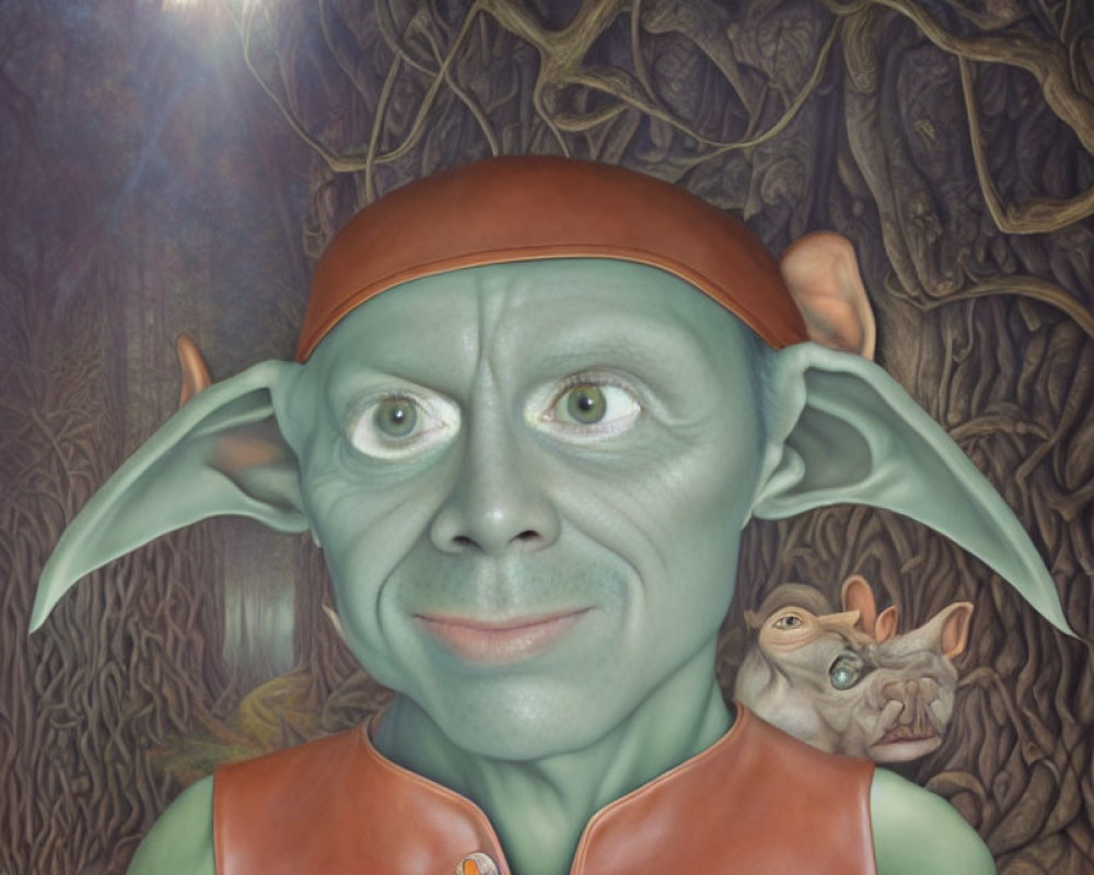 Fantasy creature with green skin and wide eyes, wearing headband and vest, with small creature on