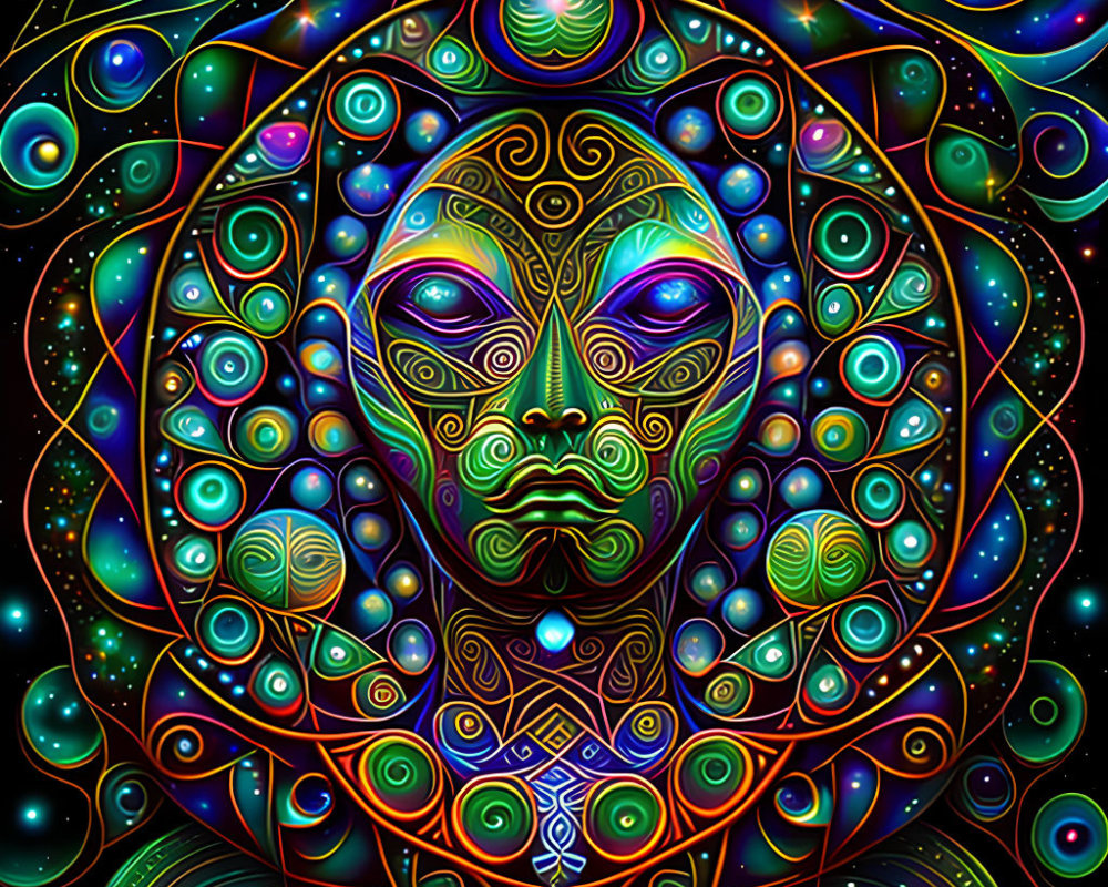 Colorful Psychedelic Artwork: Alien Face with Cosmic Motifs