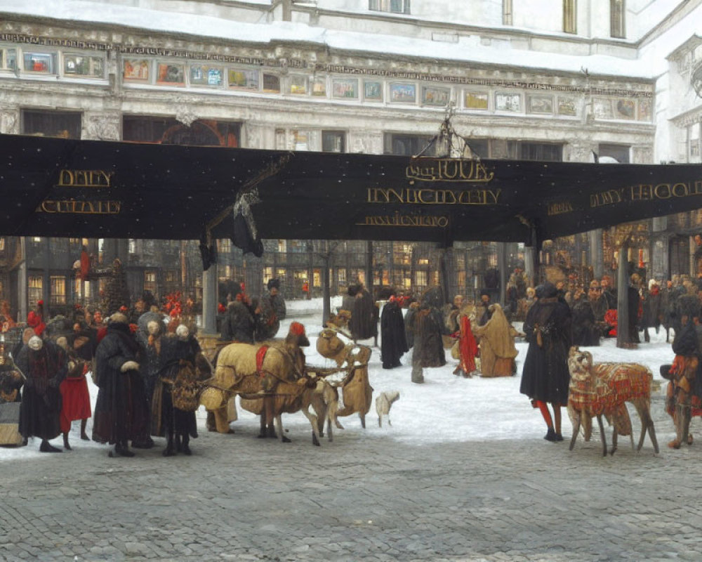 Winter market scene with period clothing, horse-drawn carts, and snow-covered buildings.