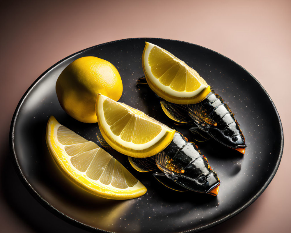 Japanese sushi plate with golden flakes and lemon wedges on black plate