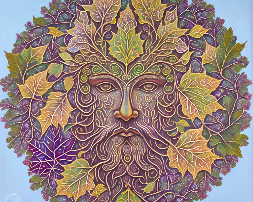 Detailed Green Man Illustration with Face in Purple, Green, and Gold Foliage