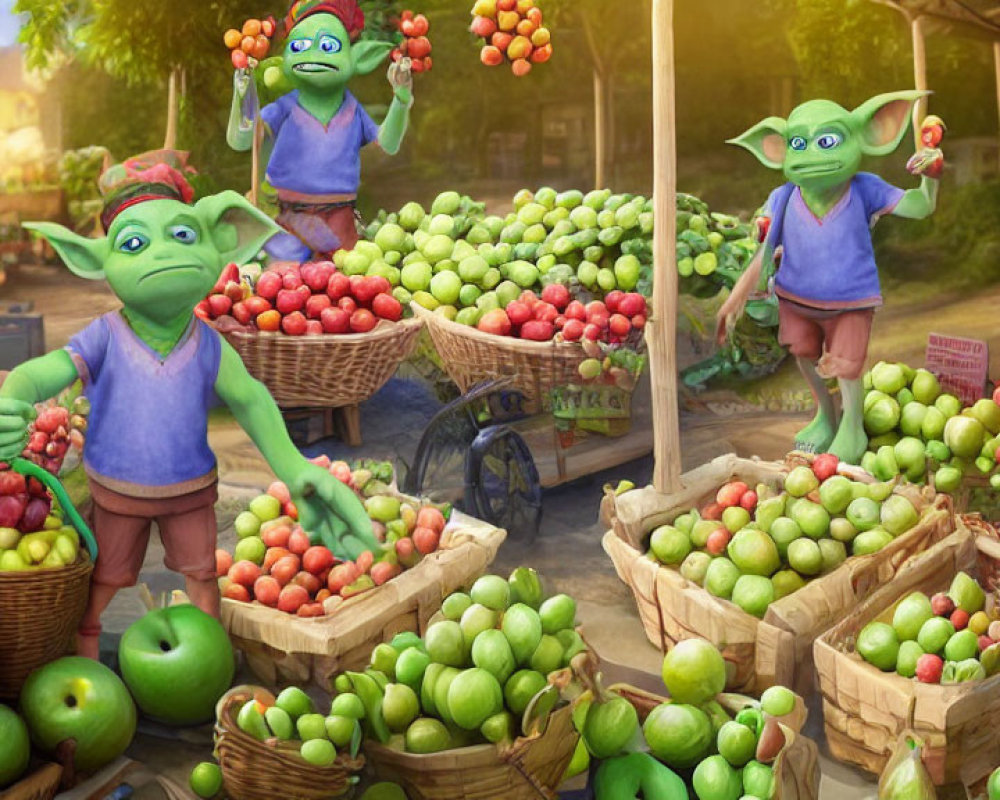 Colorful Cartoon Goblins Sell Apples at Outdoor Market